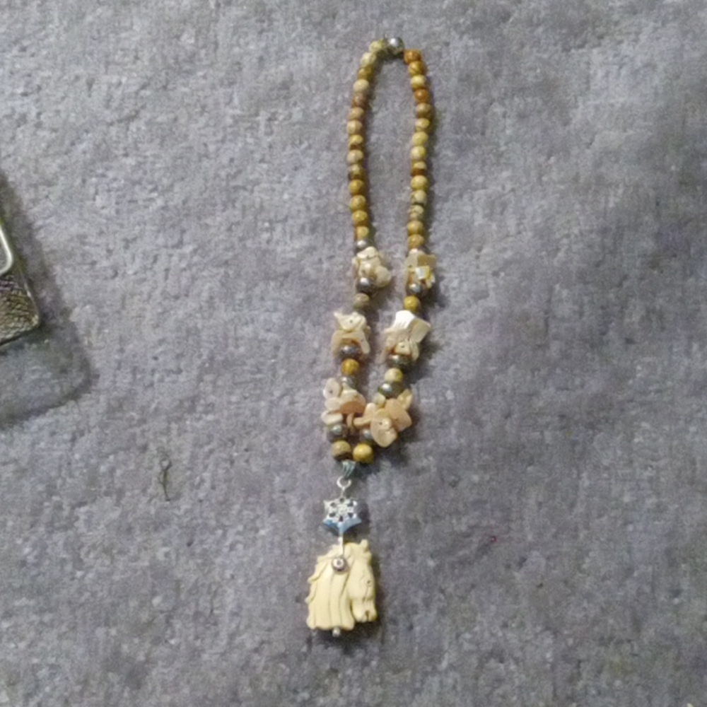 Genuine Picture Jasper Beaded W/ Mother of Pearl Bone Horse Necklace